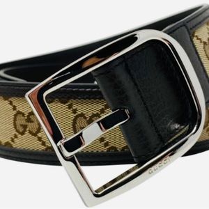 Authentic New GUCCI GG Canvas Brown Leather Palladium Buckle Belt – Men’s